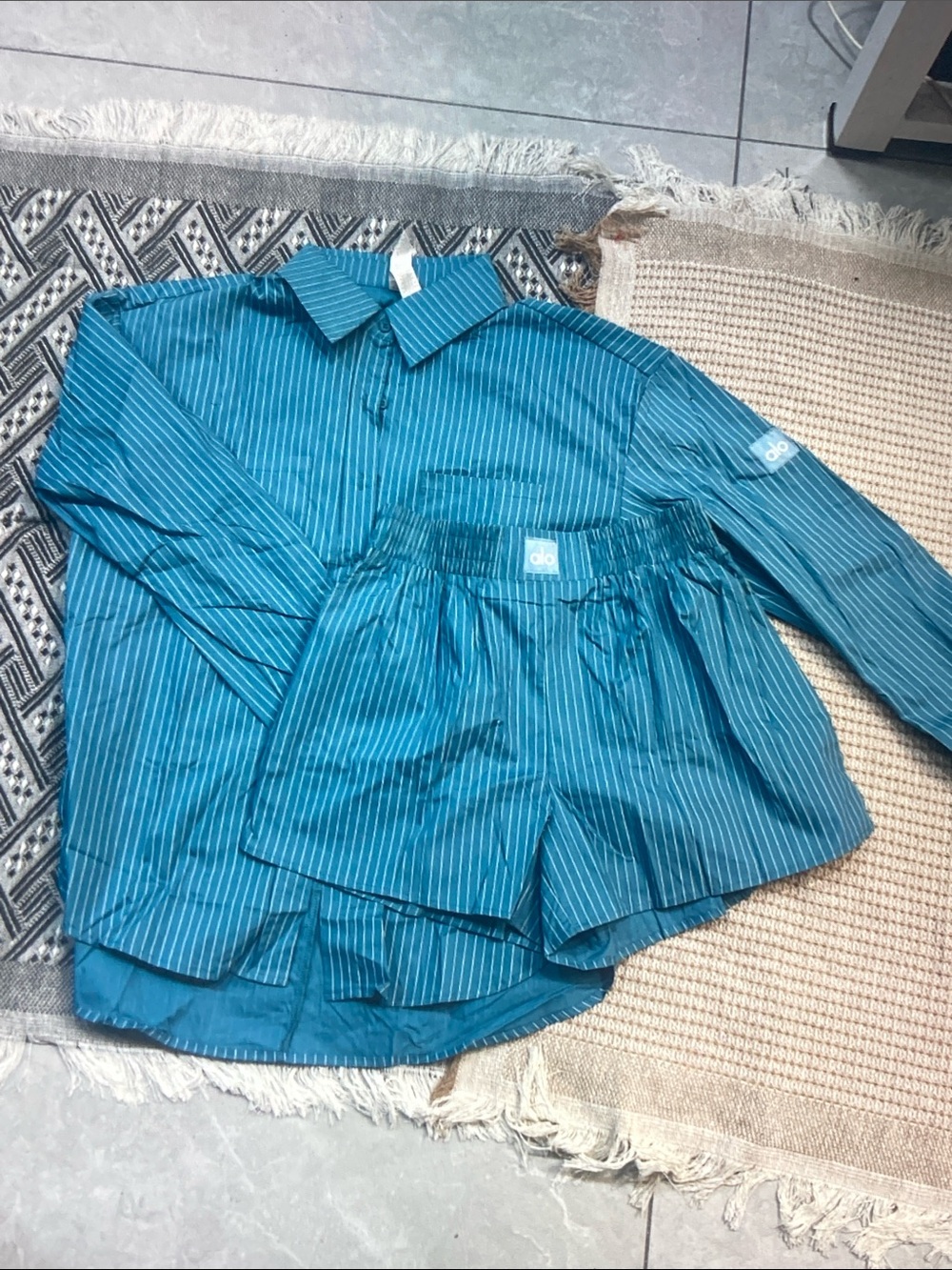 Alo Yoga Blue Striped Matching Set | Long Sleeve Button Shirt